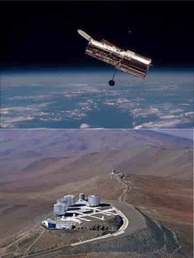 Telescópios utilizados nesse trabalho: 
Em cima, o telescópio espacial Hubble.
Embaixo, o Very Large Telescope (VLT)