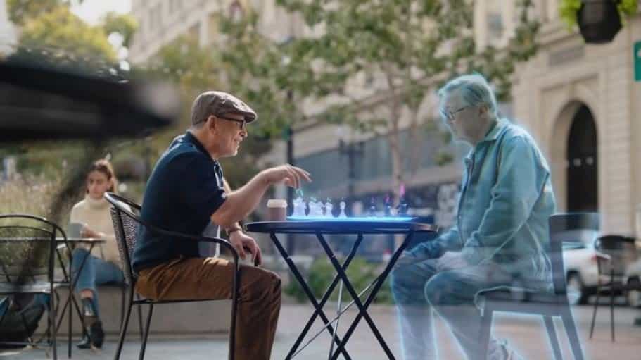 Dois amigos jogando xadrez de diferentes partes do mundo. 