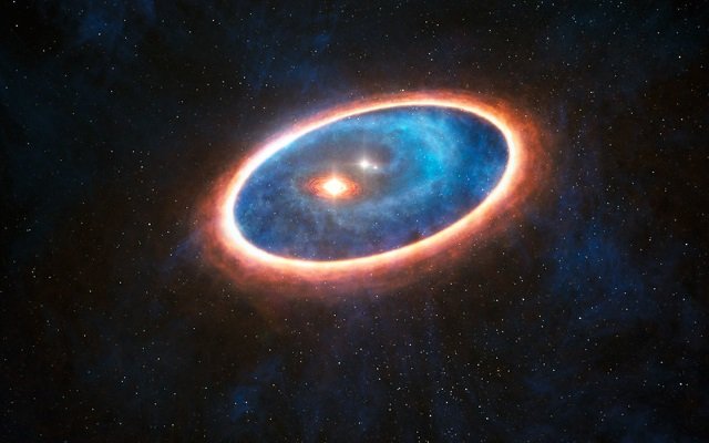 Concepção artística de um disco protoplanetário surgindo do material expelido por uma estrela gigante vermelhar.