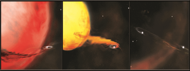 Concepção artística de uma  gigante vermelha expelindo seu material, que é absorvido por sua companheira. Este fenômeno pode gerar uma Supernova do tipo 1a.