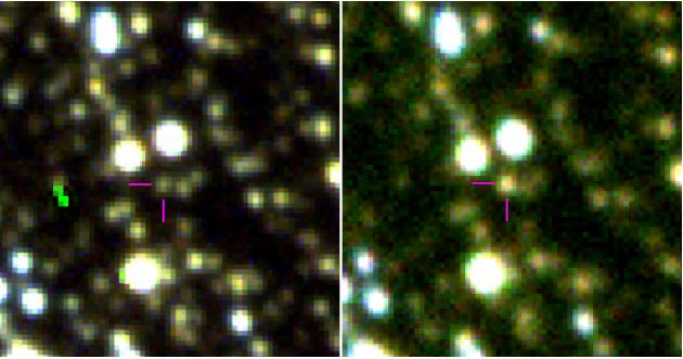 Efeito microlente gravitacional sugerindo um exoplaneta fora do alinhamento com a estrela  (esquerda) e durante o alinhamento (direita).