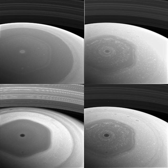 Imagem da sonda Cassini mostrando a forma hexagonal em  Saturno descoberta pela sonda Voyager 2.