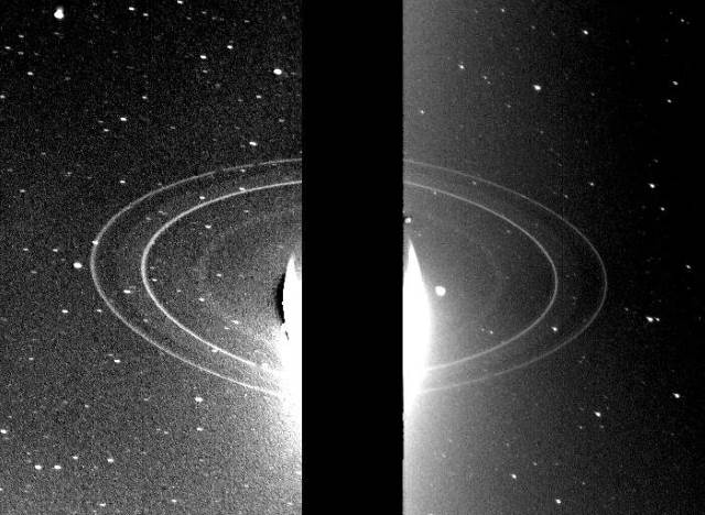 Anéis quase invisíveis de Netuno iluminados por trás pela luz do Sol.