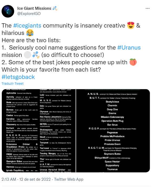Lista com os nomes hilários sugeridos pelo público para uma possível missão a Urano