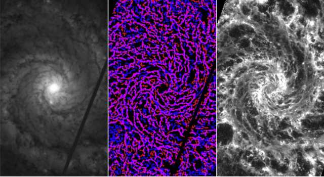 Comparação da análise de filamentos de poeira de uma galáxia. 
Esquerda: Imagem do Telescópio Espacial Hubble. 
Centro: Máscaras de filamentos identificadas 
Direita:Imagem de alta resolução do James Webb.