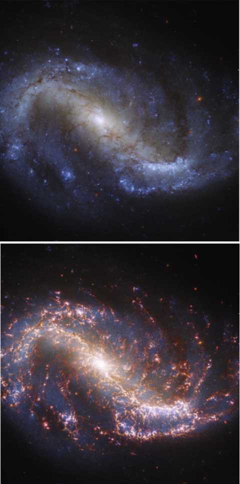 Emissão de gás e poeira na Galáxia NGC 7496. Acima, imagem tradicional do Hubble. Abaixo, imagem de infravermelho do James Webb.