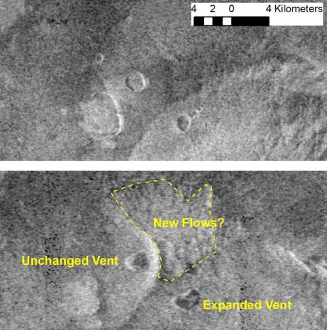 Imagens de radar da espaço nave Magellan  do vulcão Maat Mons.