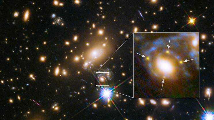 Estrela “morre 5 vezes” e evento é usado para medir a expansão do Universo - Lente gravitacional da supernova Refsdal.