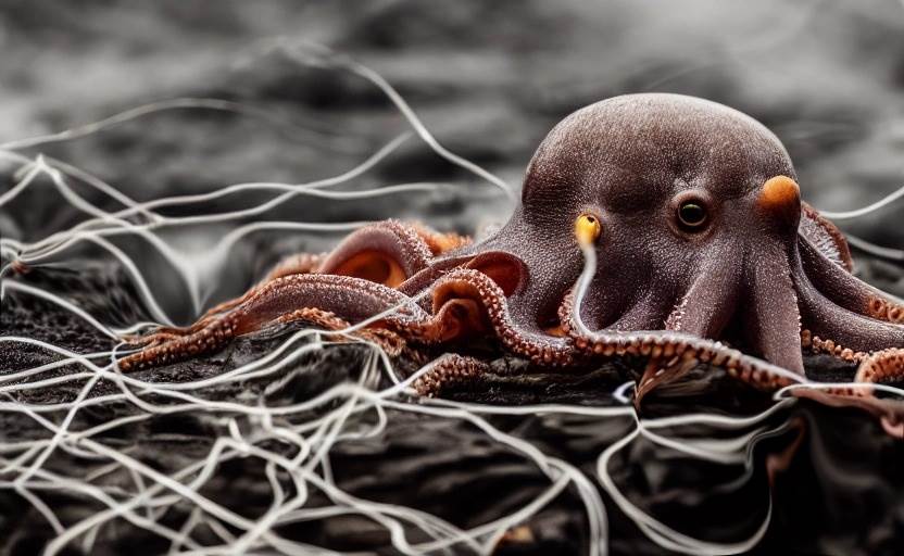 Ondas cerebrais inéditas são registradas na mente dos polvos - Concepção artística Octopus eletrodos