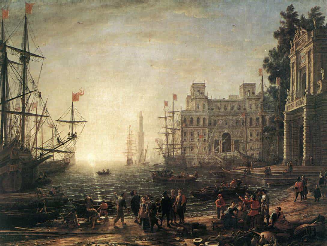 Pintura de um Porto francês em 1638 durante o mercantilismo.