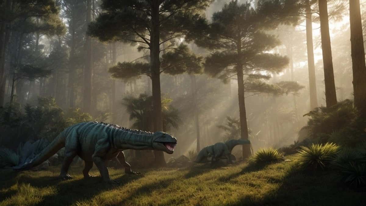 Arte "Wollemi pines e dinossauros" por Ciência Mundo.